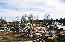 A damaged neighborhood after the Chesnee, South Carolina F4 tornado. 5 May 1989 Chesnee tornado damage.jpg