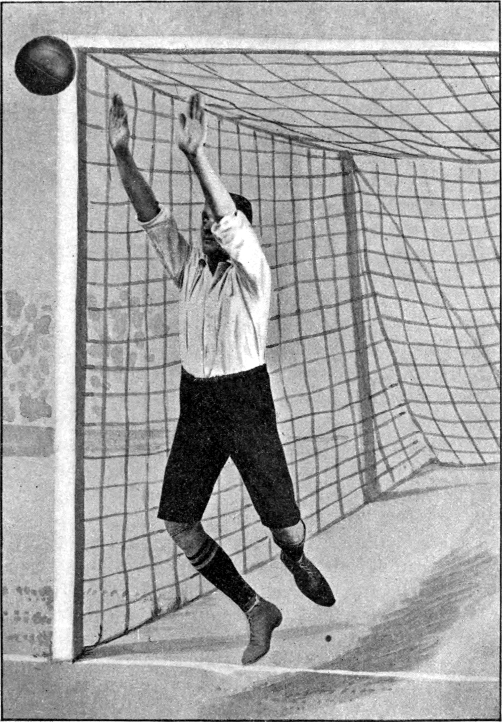 Illustration of a goal keeper blocking a ball coming in high.