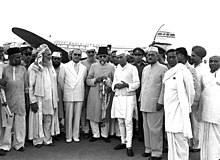 Abul Kalam Azad, Ahmed Saeed and Jawaharlal Nehru at palam Airport on July 19, 1951.jpg