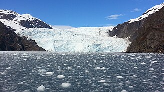 A calving glacier and the resulting ice field Alaskan glacier and ice field.jpeg