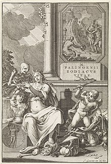 Zodiacus Vitae. Amsterdam Johannes Hofhout, 1722. Allegorie op de keuze tussen wereldlijk en geestelijk goed Titelpagina voor Marcellus Palingenius, Zodiacus Vitae, 1722 Zodiacvs Vitae (titel op object), RP-P-OB-52.858.jpg