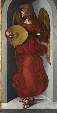 Painting of an angel in an alcove, draped in red and playing a lute.