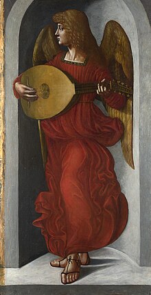 Angel muscian in red by Giovanni Ambrogio de Predis, playing the lute, between 1495 and 1500, National Gallery, London Ambrogio de predis, angelo di dx della vergine delle rocce di londra.jpg