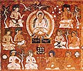 Amitábha v zemi Sukhávatí spolu s Indy, Tibeťany a lidmi střední Asie s manichejskými symboly slunce a kříže.