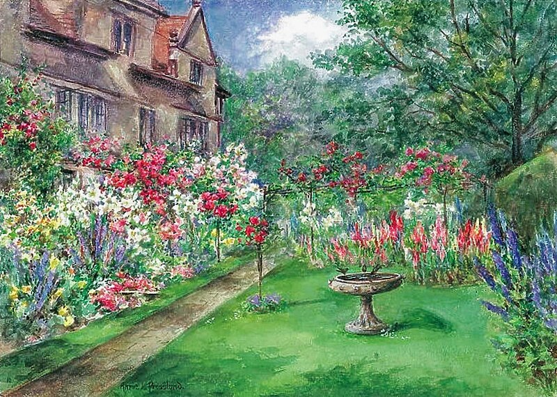 File:Annie L. Pressland Rose and Lily Garden with path lawn borders bird bath and house J Salmon postcard.jpg