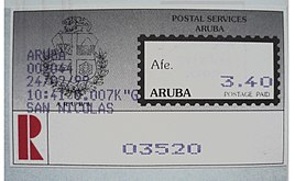 1999: для заказного отправления, компания Postal Services Aruba («Почтовые услуги Арубы»)[^]