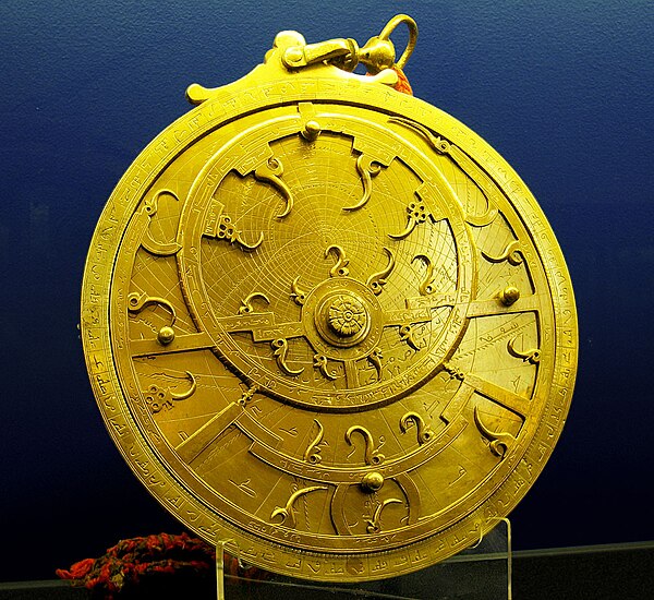 18th century Persian brass astrolabe at the Whipple Museum of the History of Science in Cambridge, England. The astrolabe consists of a disk engraved 