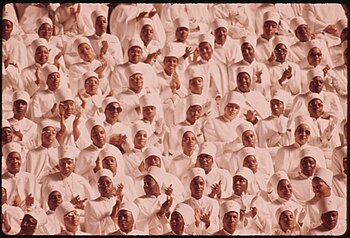 BLACK MUSLIM WOMEN DRESSED IN WHITE APPLAUD EL...