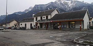 Two-story building with gabled roof