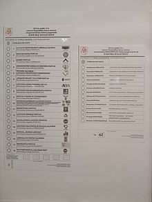 Ballot papers for nationwide proportional (left) and single mandate constituency (right) voting Ballot papers of 2012 Lithuanian parliamentary election.jpg