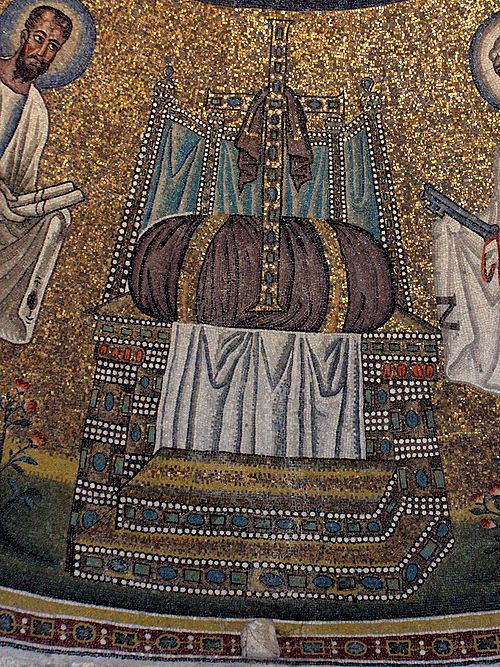 The empty throne with cushion, crux gemmata and cloth, flanked by Saints Peter and Paul. Arian Baptistery, Ravenna, early 6th century.