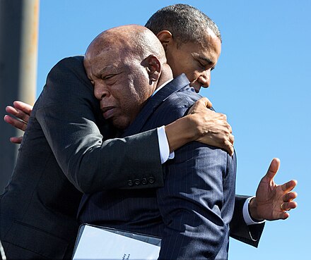 President Barack Obama hugs Lewis during a commemoration of the 50th anniversary of Bloody Sunday and the Selma to Montgomery voting rights marches, March 7, 2015.