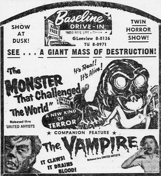 Drive-in advertisement from 1957 for The Monster That Challenged the World and its co-feature The Vampire