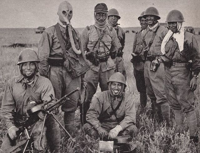 Japanese soldiers pose with captured Soviet equipment during the Battle of Khalkhin Gol.