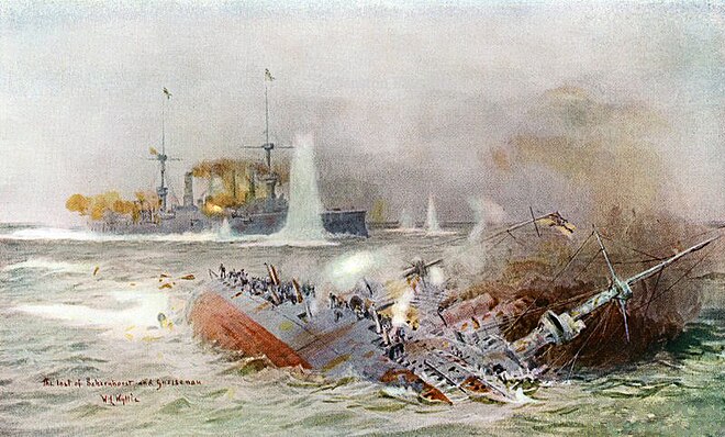 Naval confrontation during the 1914 Battle of the Falkland Islands (painting by William Lionel Wyllie)