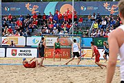 Deutsch: Beachhandball Europameisterschaften 2019 (Beach handball Euro); Tag 6: 7. Juli 2019 – Spiel um Platz Drei, Männer, Ungarn-Russland 2:0 (26:20, 23:22) English: Beach handball Euro; Day 6: 7 July 2019 – Men's Bronze Medal Match – Hungary-Russia 2:0 (26:20, 23:22)