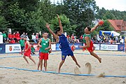 Deutsch: Beachhandball Europameisterschaften 2019 (Beach handball Euro); Tag 3: 4. Juli 2019 – Männer, Platzierungsrunde Gruppe IV, Rumänien-Portugal 2:0 (15:14, 25:24) English: Beach handball Euro; Day 3: 4 July 2019 – Men Consolation Round Group IV – Romania-Portugal 2:0 (15:14, 25:24)