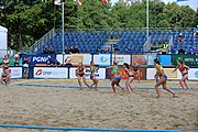 Deutsch: Beachhandball Europameisterschaften 2019 (Beach handball Euro); Tag 2: 3. Juli 2019 – Frauen, Vorrunde Gruppe D, Ukraine-Deutschland 2:0 (23:22, 32:24) English: Beach handball Euro; Day 2: 3 July 2019 – Women Preliminary Round Group D – Ukraine-Germany 2:0 (23:22, 32:24)