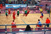 Deutsch: Beachhandball bei den Olympischen Jugendspielen 2018; Tag 5, 10. November 2018; Jungen, Hauptrunde - Ungarn-Portugal 0:2 English: Beach handball at the 2018 Summer Youth Olympics at 11 October 2018 – Boys Main Round – Hungary-Portugal 0:2