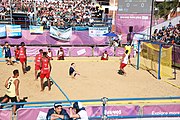 Deutsch: Bachhandball bei den Olympischen Jugendspielen 2018; Tag 3, 9. Oktober 2018; Jungs, Vorrunde, Gruppe B - Argentinien-Mauritius 2:1 English: Beach handball at the 2018 Summer Youth Olympics at 9 October 2018 – Boys Preliminary Round Group B‎ – Argentina-Mautitius 2:1