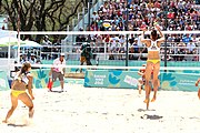 Deutsch: Beachvolleyball bei den Olympischen Jugendspielen 2018; Tag 9, 15. Oktober 2018; Mädchen, Viertelfinale: Puerto Rico-Russland 0–2 (12–21/10–21) English: Beach volleyball at the 2018 Summer Youth Olympics at 15 October 2018 – Girls Quarterfinals: Puerto Rico-Russia 0–2 (12–21/10–21)