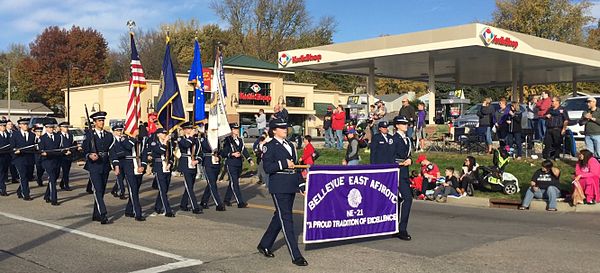 Cadets from Bellevue East High School's AFJROTC marching in the Bellevue, Nebraska 2016 Veterans Day parade