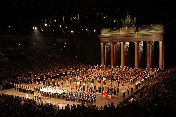 A massed group of military bands from several countries at the 2011 Berlin Military Tattoo