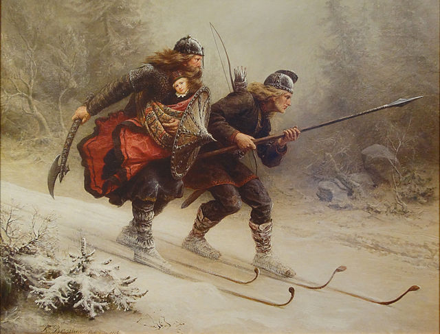 Skiing Birchlegs Crossing the Mountain with the Royal Child, painted by Knud Bergslien. Painting located at The Ski Museum. Holmenkollen, Oslo, Norway