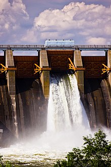 Providing relief at the Cowan's Ford Dam because of above average rain fall in the spring and summer of 2013. Bleeding Lake Norman from Cowan's Ford Dam.JPG