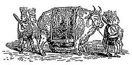 Gravure figurant un bœuf entouré par quatre hommes torse-nus et ventrus tenant un gourdin et coiffés de plumes