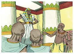 Pharaoh called the wisest magicians and thinkers of Egypt (1984 illustration by Jim Padgett, courtesy of Distant Shores Media/Sweet Publishing) Book of Genesis Chapter 41-2 (Bible Illustrations by Sweet Media).jpg