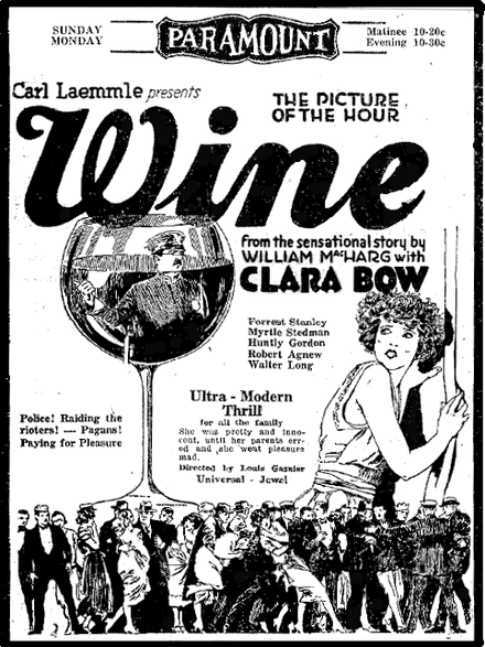 Bow's first lead role was in Wine (1924), a seven-reel feature currently classified as lost by the Library of Congress[78]