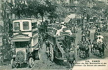 Left, double-decker bus Schneider Brillie P2; Centre, double decker horse-drawn omnibus in Paris, France. CM 104 - PARIS - Carrefour des Bds Montmartre et des Italiens - La station des omnibus.JPG