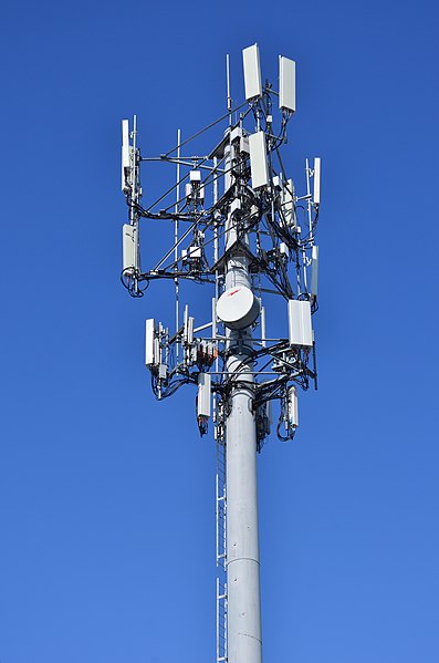 Multiple patch (rectangular) antennas found atop a Cellular Tower