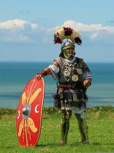 Actor wearing Roman soldier clothes.