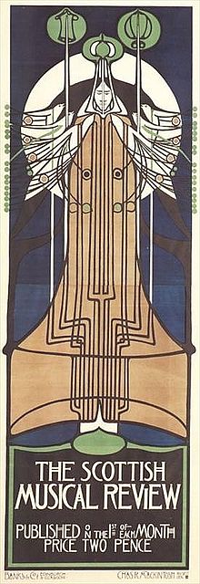 Poster from 1896 by Charles Rennie Mackintosh. It pays homage to Celtic tradition and Japanese design and its style and form were repeated numerous times by "The Four", with the earliest examples from 1885 at the latest. It would be replicated by the Vienna Secessionists. Charles Rennie Mackintosh - Scottish Musical Review 1896.jpg