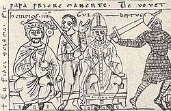 Короноването на император Хайнрих IV (ляво) на 31 март 1084 г. В средата носачът на меча пфалцграф Херман II от Лотарингия. Хрониката на Ото от Фрайзинг, Codex Jenensis Bose q.6 (1157)