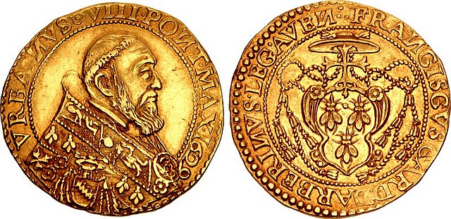 Gold quadrupla coin of Pope Urban VIII, struck at the Avignon mint, dated 1629