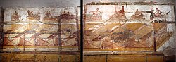 A wall in the dressing room in the suburban baths. On this wall there are seven paintings of sexual scenes located above paintings of numbered boxes. An eigth painting is of a nude male. 62 to 79 CE Composite image - Scenes I to VIII in Room 7 of the Suburban Baths - Pompeii.jpg - 2nd Version.jpg