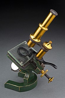 A microscope used to inspect meat in France in the 19th century Compound microscope used to examine meat, France, 1851-1900 Wellcome L0057251.jpg