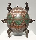 Covered vessel in the shape of ancient bronze dui, China, Song dynasty or later, lacquered bronze with turquoise and silver inlay - Asian Art Museum of San Francisco - DSC01580.JPG