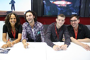Being Human cast (from left to right, Lenora Crichlow, Aidan Turner, Russell Tovey) and the series creator, Toby Whithouse Crichlow, Turner, Tovey, Whithouse.jpg