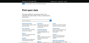 Screenshot of the data.gov.uk website homepage, with a headline 'Find open data', a search box, and three columns of the major subject areas available