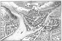 Blick auf Wertheim um 1600 in der Topographia Franconiae