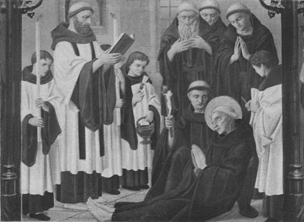 The Death of St Bede; the monastic clergy are wearing surplices over their cowls (original painting at St Cuthbert's College, Ushaw)