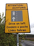 Sign reminding motorists to drive on the left in Ireland