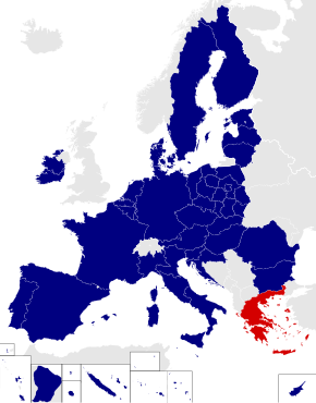 Mapa de las circunscripciones del Parlamento Europeo con Grecia resaltadas en rojo