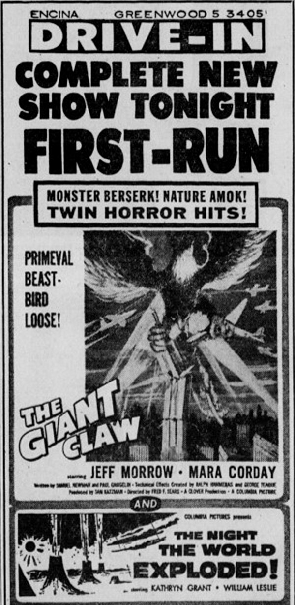 Drive-in advertisement from 1957 for The Giant Claw and co-feature, The Night the World Exploded.