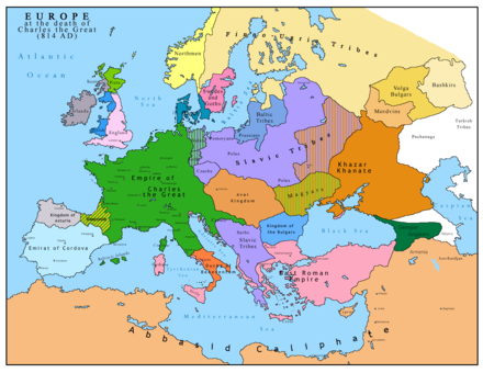 Europe in 814. Roslagen is located along the coast of the northern tip of the pink area marked "Swedes and Goths".