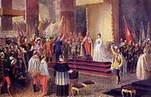 Coronation of King Francis Joseph and Queen Elisabeth on 8 June 1867 in Matthias Church in Budapest, site of the last two Hungarian coronations in 1867 and 1916 Ferenc Jozsef koronazasa Budan.jpg